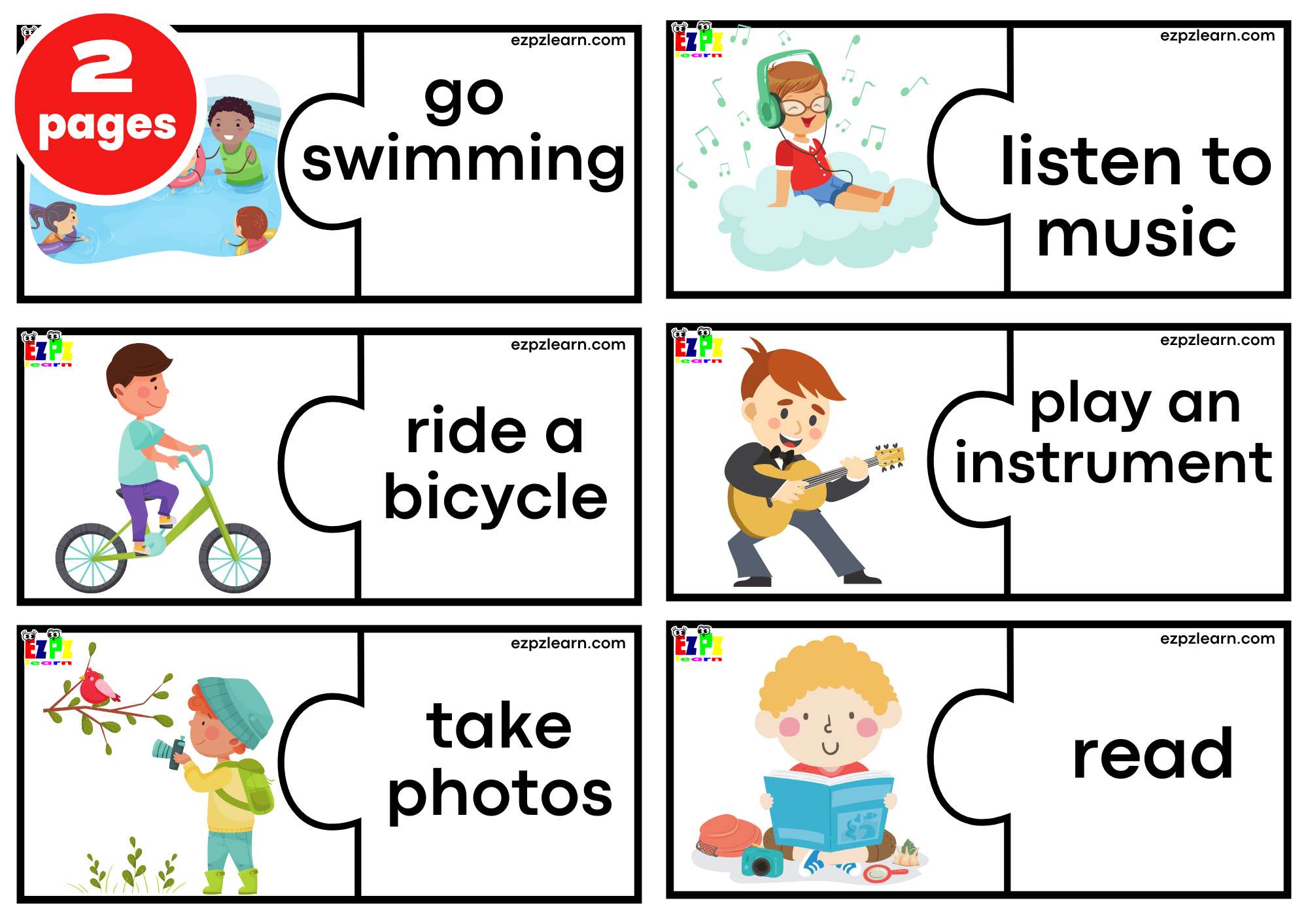 Free Time Puzzle Match Game. Large Size 6 Words per page. Free PDF Download